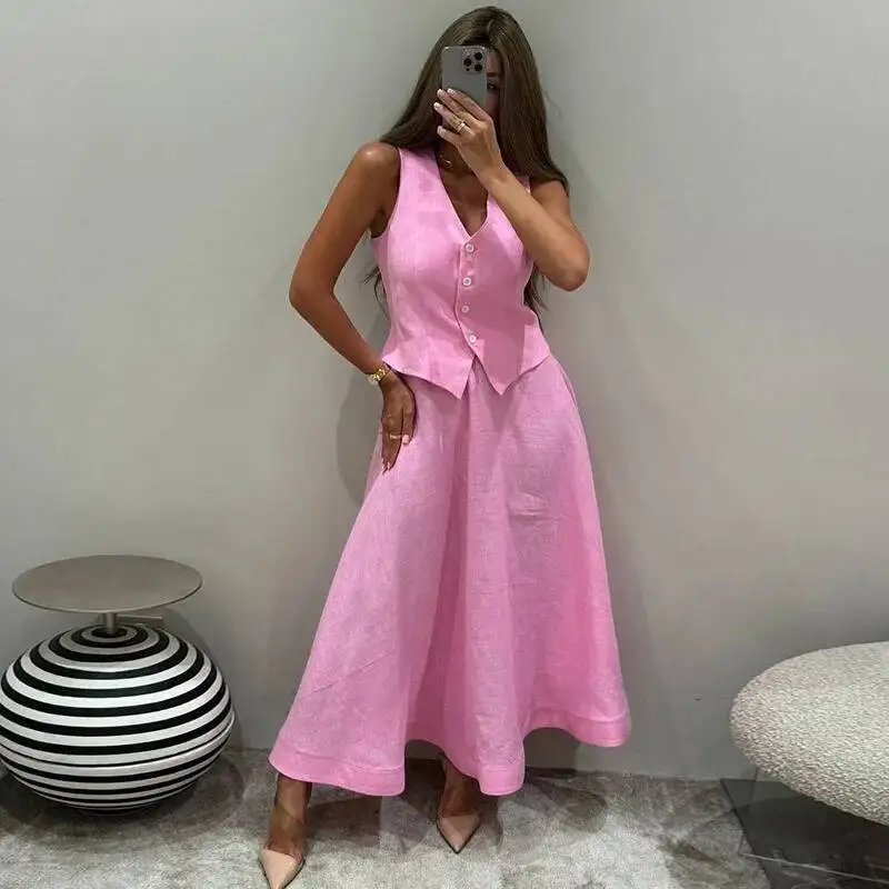 

Однотонный однобортный жилет, юбка, костюм, женский жилет без рукавов с v-образным вырезом, свободная длинная юбка, новинка лета 2024, женский повседневный наряд