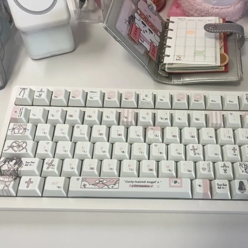 Curly Angel Milky Heart Keycaps Custom PBT Cherry MOA Profile Key Cap Cute Korean Russian DIY Sweet Girl White Point Keycap