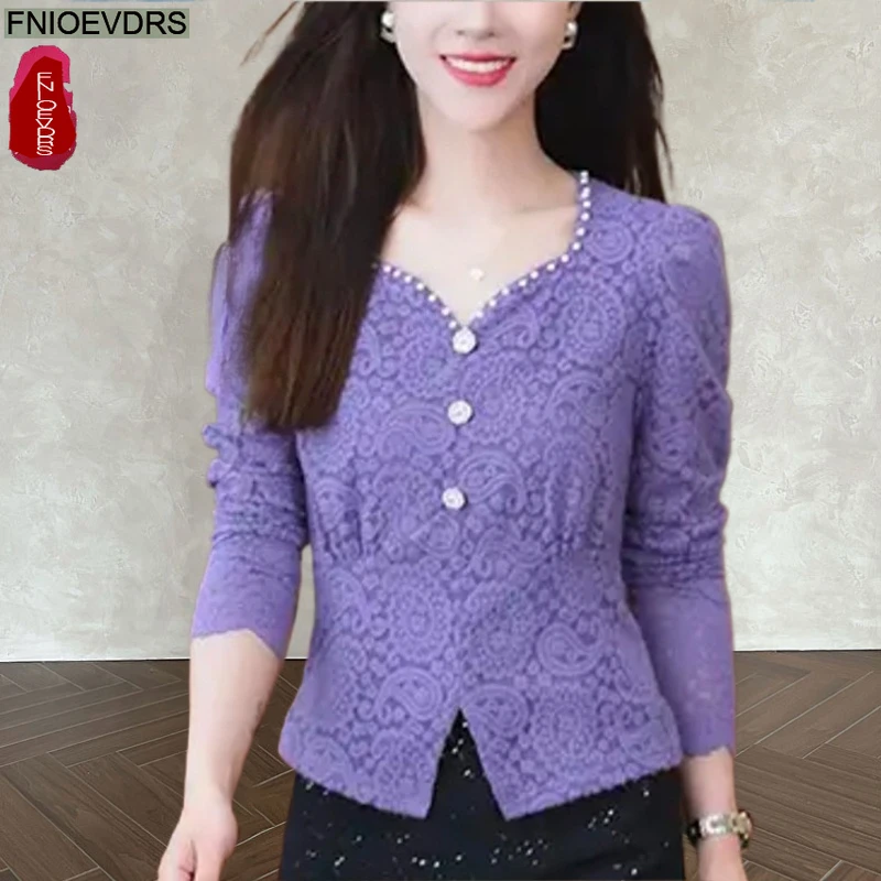 

Элегантные вязаные кружевные блузки с вырезами, весна-лето 2026, базовые офисные рубашки, ретро-винтажный приталенный топ с бисером и оборками