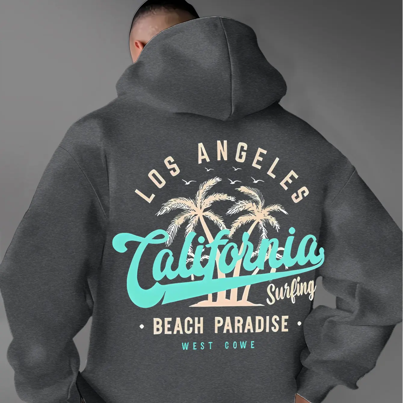 Übergroßer Herren-Hoodie Vintage Retro Los Angeles Kalifornien Kursivschrift Palme Surf Grafik Weicher Fleece Lässiger Pullover – Detail 5