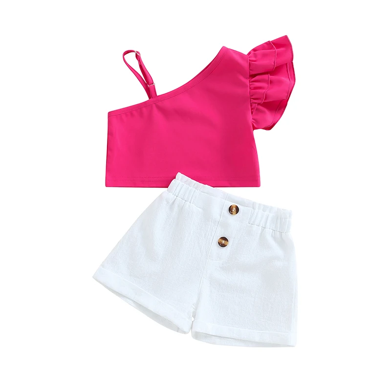 

Toddler Girl 2Pcs Summer Outfits Ruffle Sleeve Asymmetric Strap Tops Shorts Set Kid Clothes