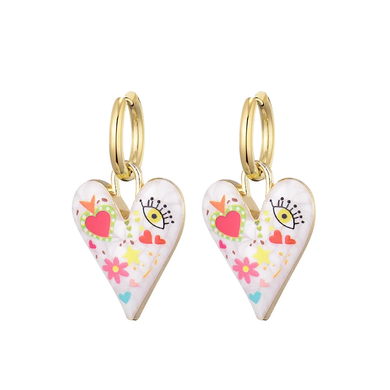 New Trendy Cute Heart Eye Stainless Steel Hoop Earrings For Women Colorful Vintage Enamel Gold Color Pendant Love Female Jewelry