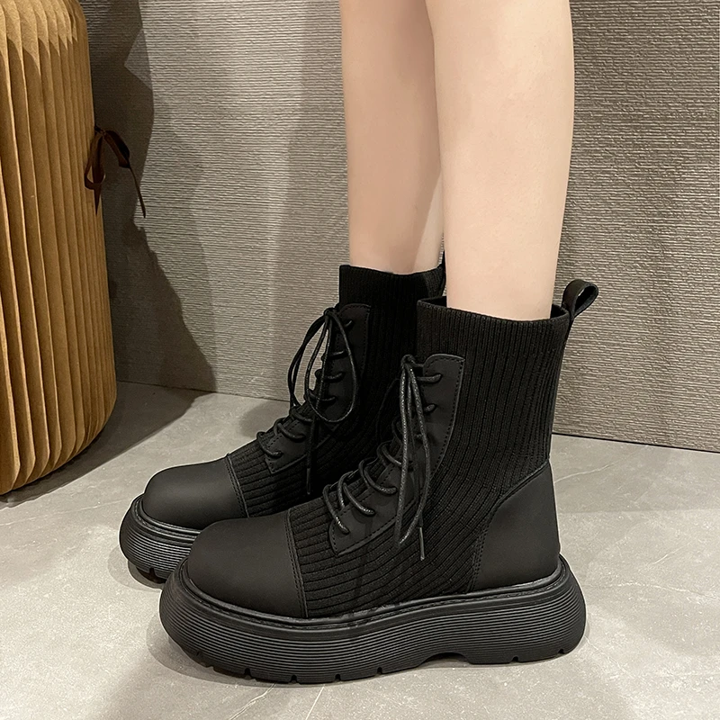 Boots Woman 2024 New Ladies Casual Stretch Fabric Socks Boots Fashion Cross-tied Women Shoes Platform Boots Gothic Fall and Wint