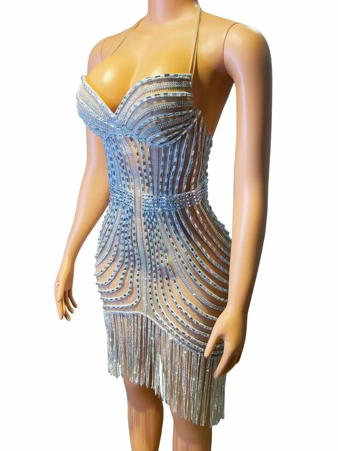 مثير الرقبة الرسن تنورة قصيرة لامعة حجر الراين عيد ميلاد بار أداء اللباس العازبة حزب فساتين مرحلة الأداء فساتين