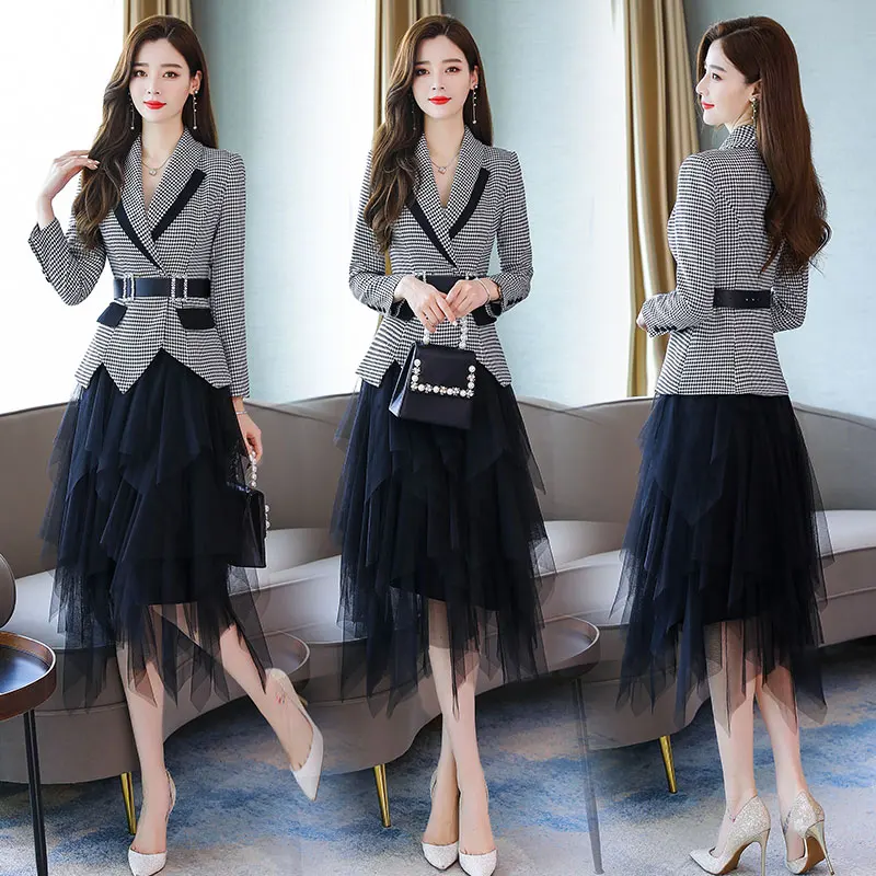 New Korean Plaid Belt Blazer Suit Jacket High Elastic Waist Mesh Asymmetrical Pleated Mid Skirt Set Two Piece Female Spring Fall