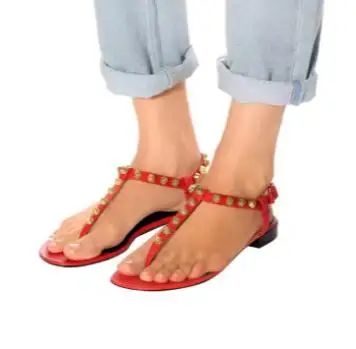 

Summer Ladies Red Blue White Black Leather Gold Rivet Studded Flip-flops Sandals Women Clip Toe Leisure Beach Slide Shoes