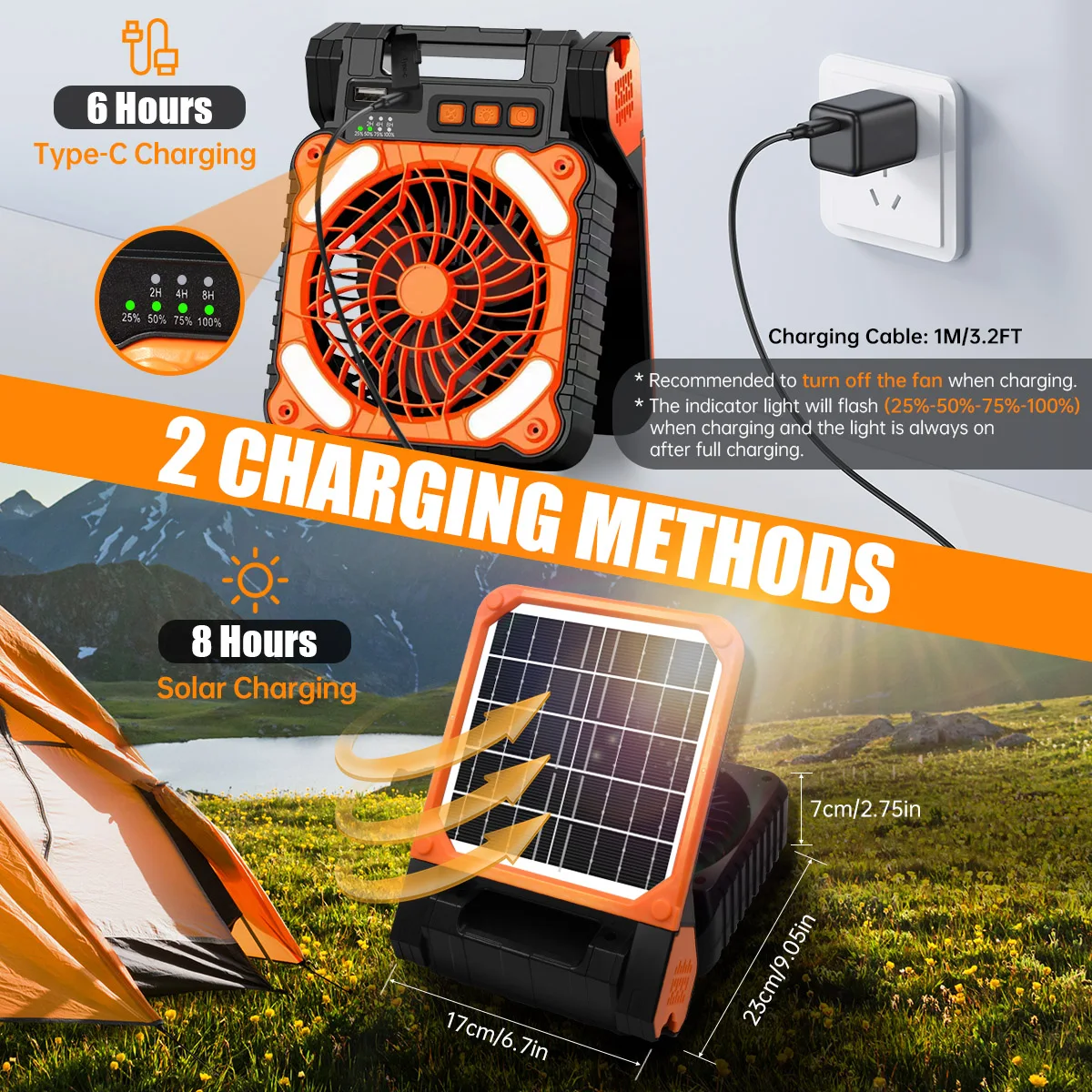 Portable Solar Fan Rechargeable Solar Powered Camping Fan 4 Speed 4 Timers and Quiet with LED Lantern for Picnic Fishing