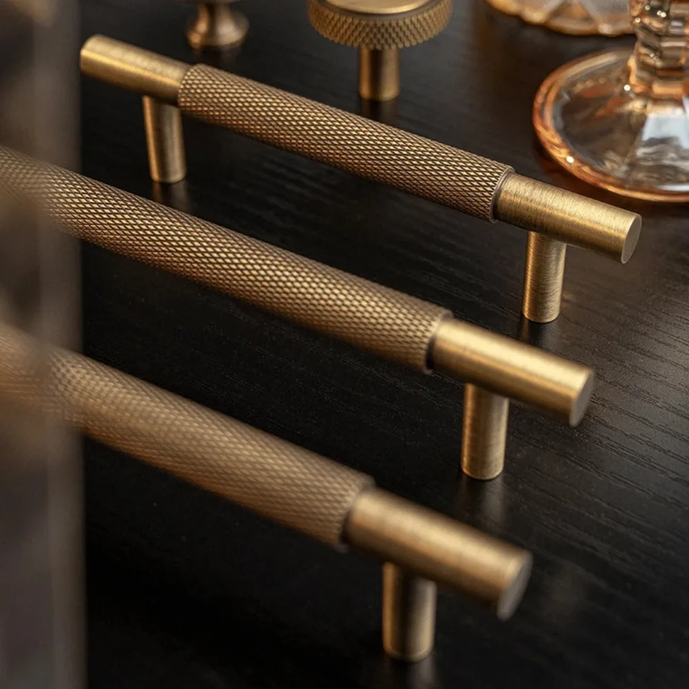 Brass Diamond-Cut Cross Knurl Pattern Antique Kitchen Cabinet Handles Wardrobe Pull T-Bar Knobs door handle furniture parts