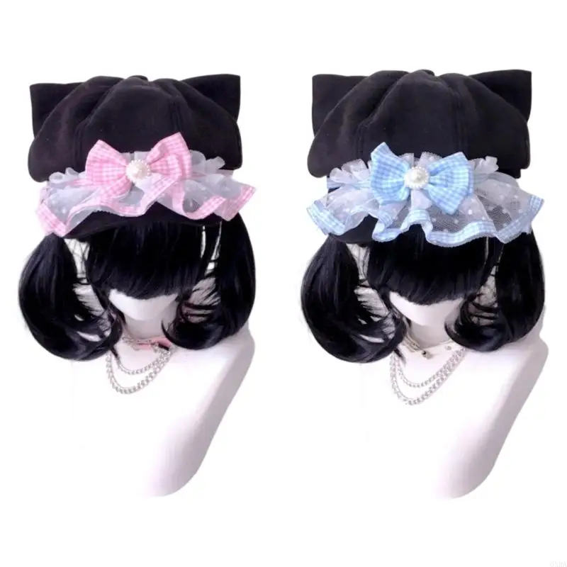 

Gothic Dark Kitten Ear Painter Hat for Unisex Cabbie Hat for Outdoor Leisure Dark Hat Photo Props 6XDA