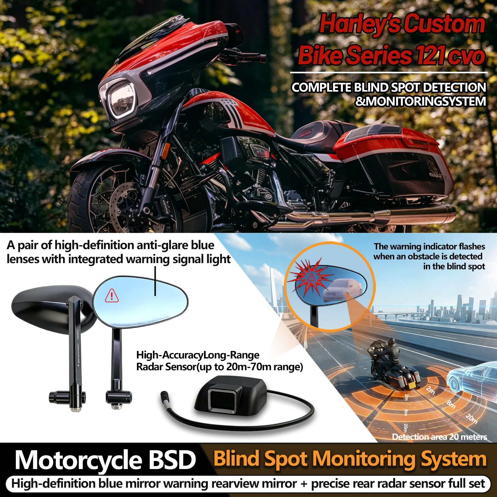NEW For Harley 121 CVO Street Glide Motorcycle Safety Kit Direct Blind Spot Monitor Radar Waterproof Warning System Accessories