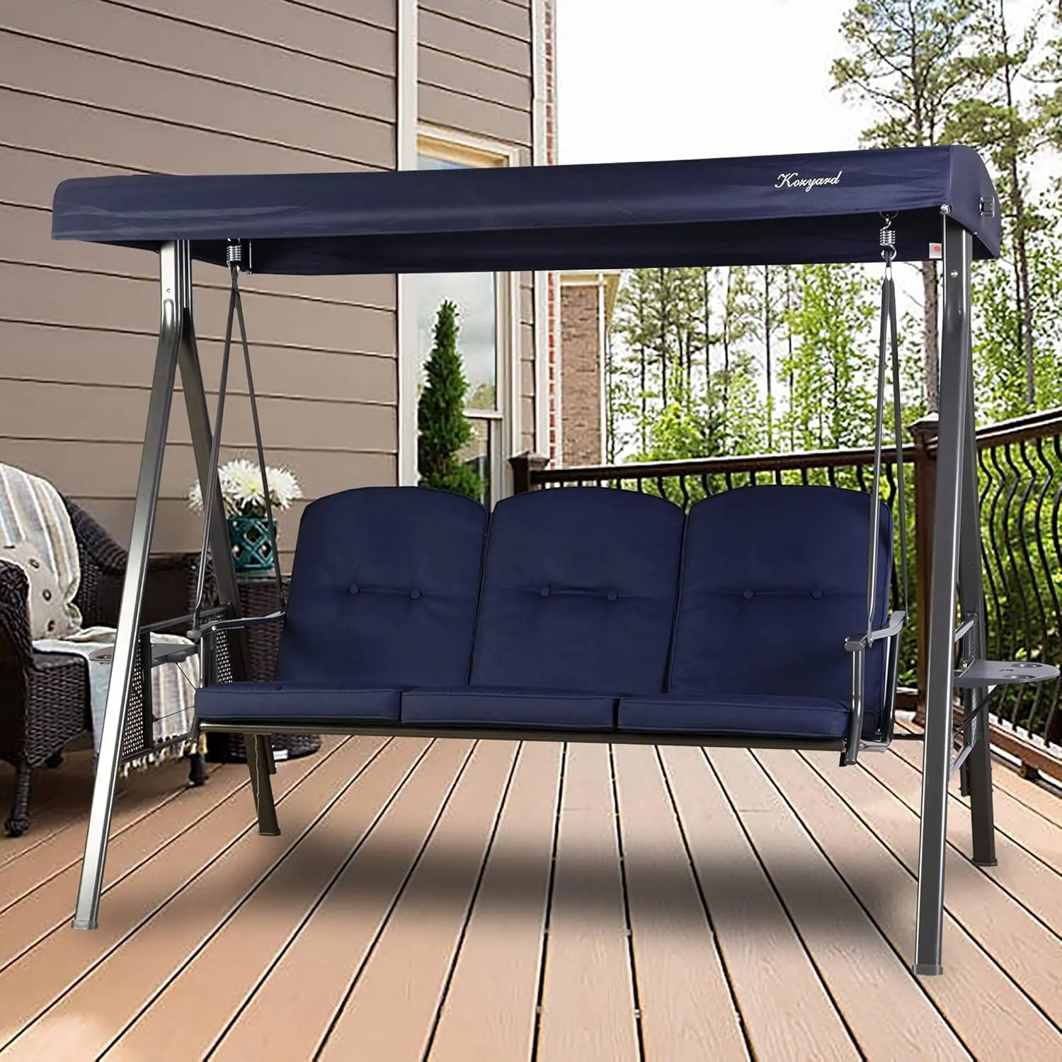 

Роскошные 3-местные садовые качели с регулируемым навесом, прочным металлическим каркасом и мягкими подушками для сиденья и спинки, для использования на открытом воздухе