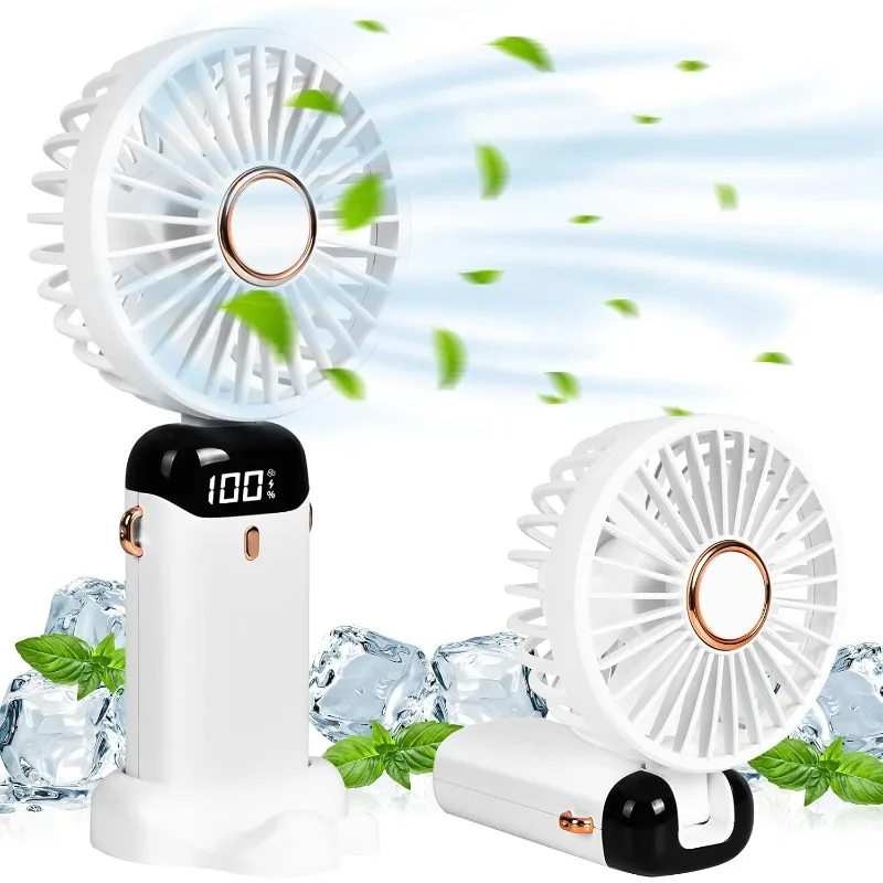 Handheld Cooler Foldable Neck Fan USB Rechargeable Digital Display 5 Speed Phone Stand Mini Portable Cooling Tool Indoor Outdoor