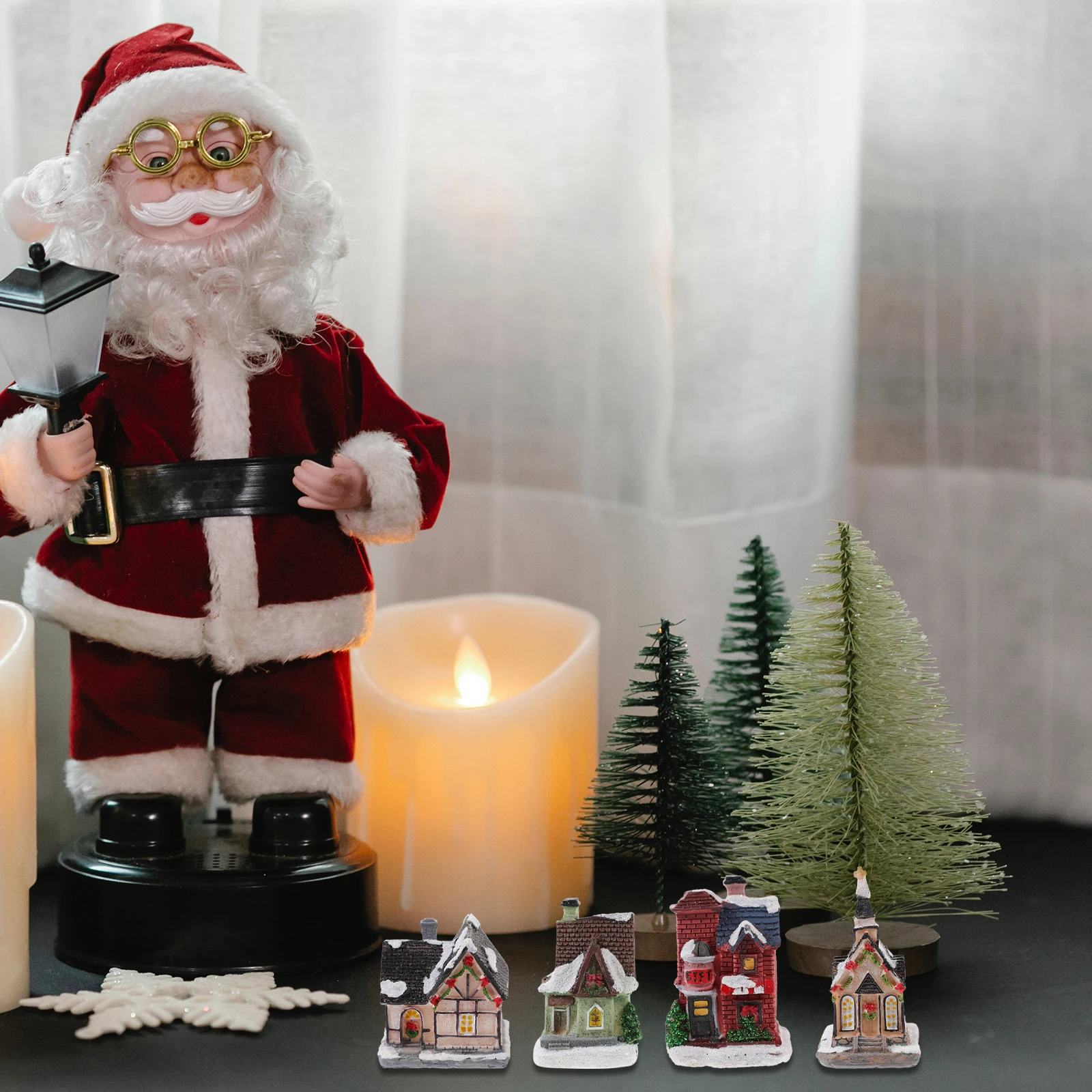 

4Pcs Xmas Luminous House Decor Resin Mini House Adorn for Christmas Party Home Office Desktop Table Festive Atmosphere Decor