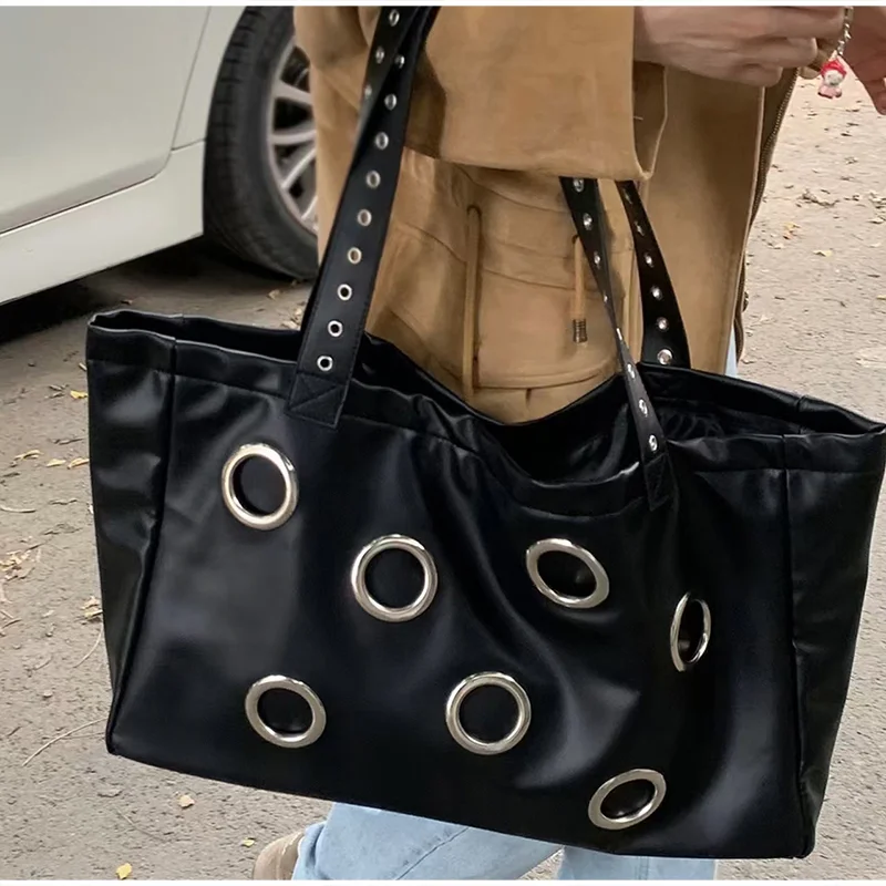 

Punk Style Women's Tote Bag, Rivet Decor Handbag Cool Dark Retro Motorcycle Bag Large Capacity Shopping Bag Soft Underarm Bag