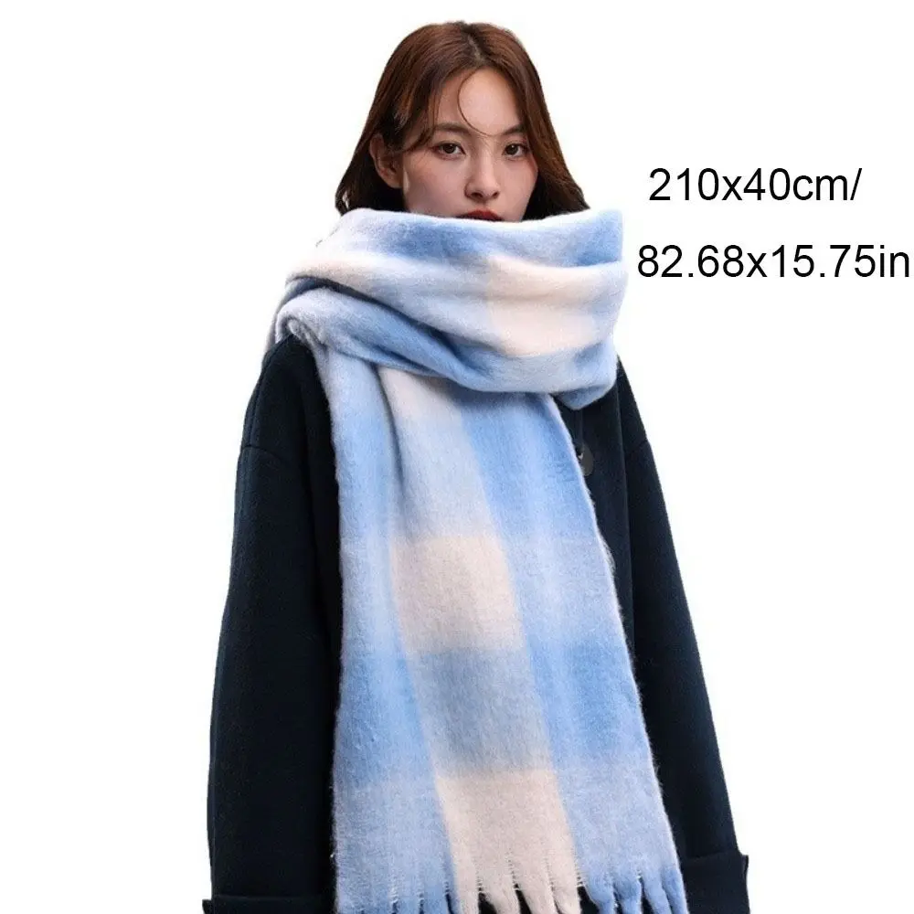 ネックラップ モヘア チェック柄 ウール スカーフ プラッシュ タッセル 冬 カシミヤ スカーフ 韓国風 暖かい ロング ショール ガール