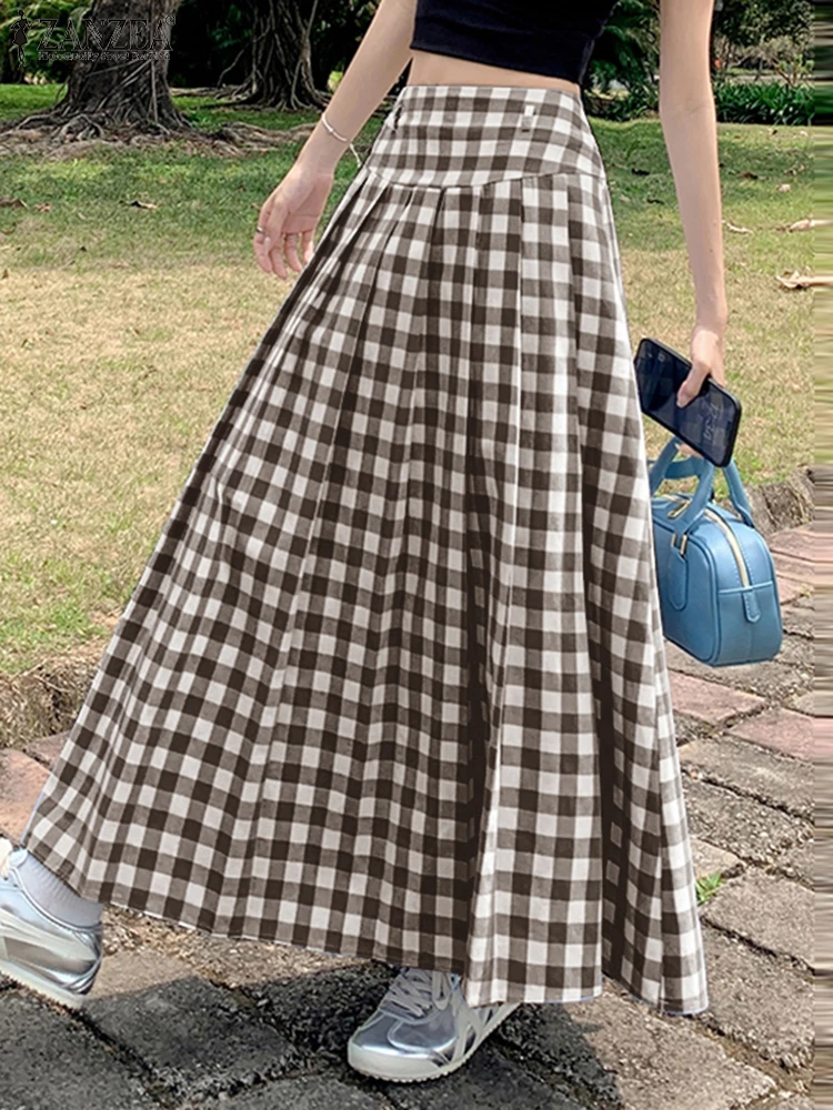 ZANZEA Elegant High Waist Checked Skirts Stylish Women Party Long Jupes Casual A-line Holiday Work Faldas Saia Vestidos Robe