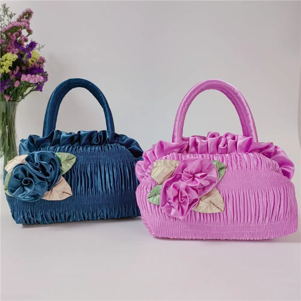 

Leaf Hanfu Rose Flower Handbag Satin Silk Ruffle Zipper Flower Tote Bag Shopping Bag Small Purse Wallet Ethnic Style Wrist Bag