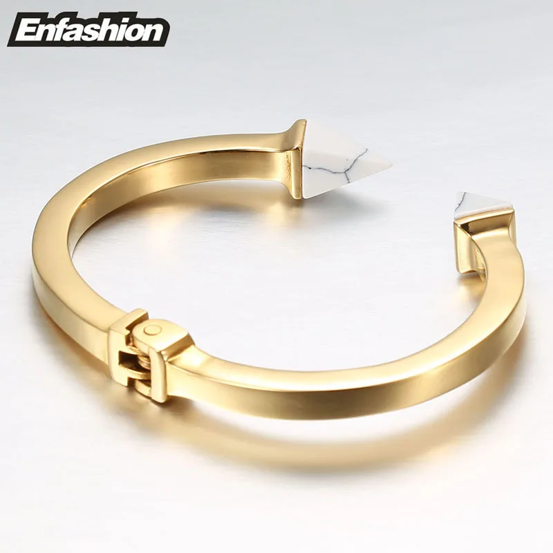 Enfashion Natural Stone Spike Cuff Bracelet Manchette Gold color Bangle Bracelet Women Stainless Steel Bracelets Bangles