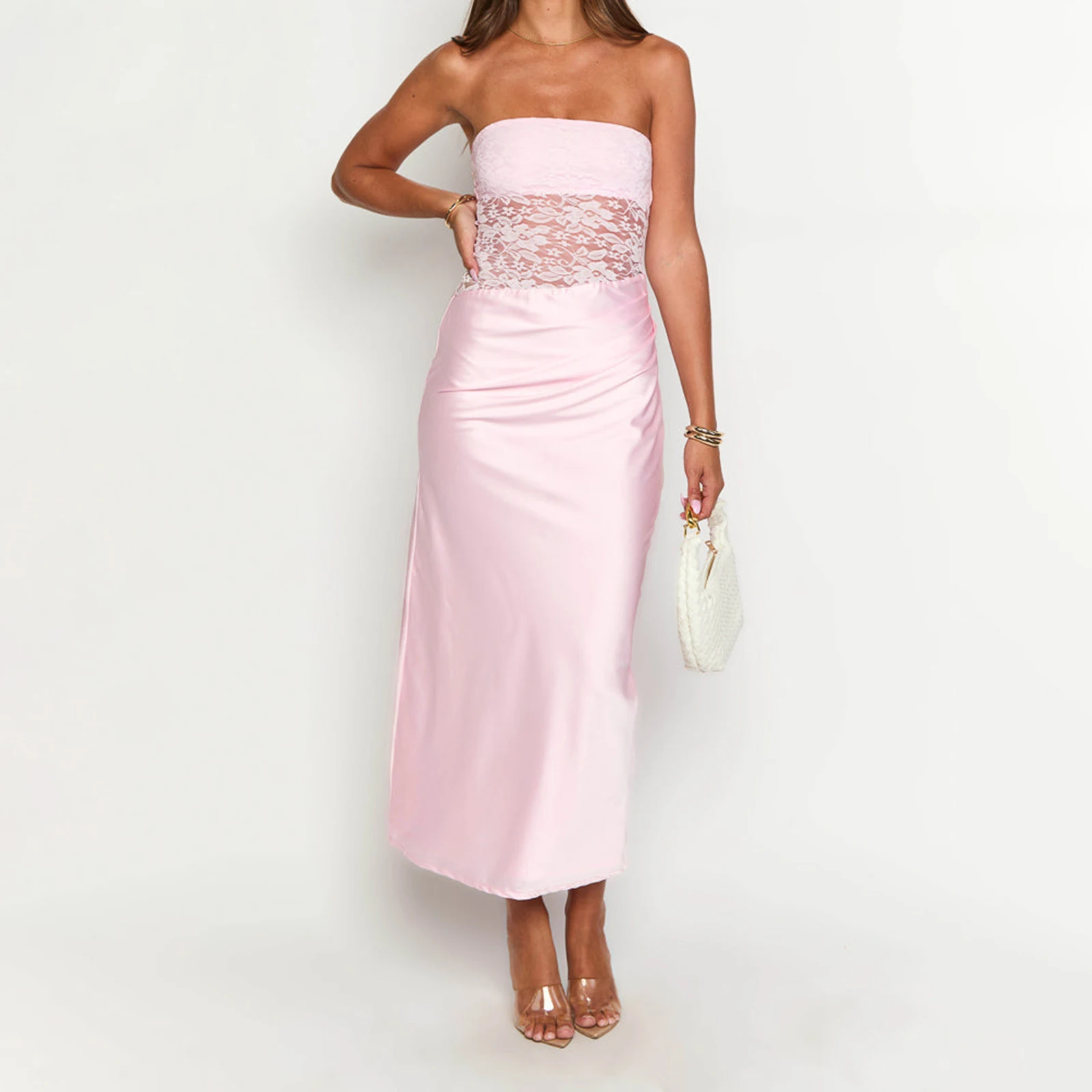 Combhasaki ผู้หญิง Elegant Floral Lace Sheer Silky Patchwork Strapless Off ไหล่แขนกุด Backless A-Line ชุดหลอดยาว