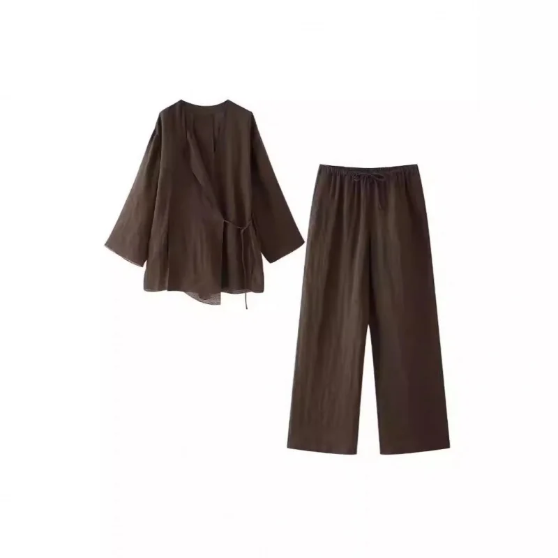 

2025Европейский и американский стиль, льняные жидкие брюки, кимоно, перекрестное пальто