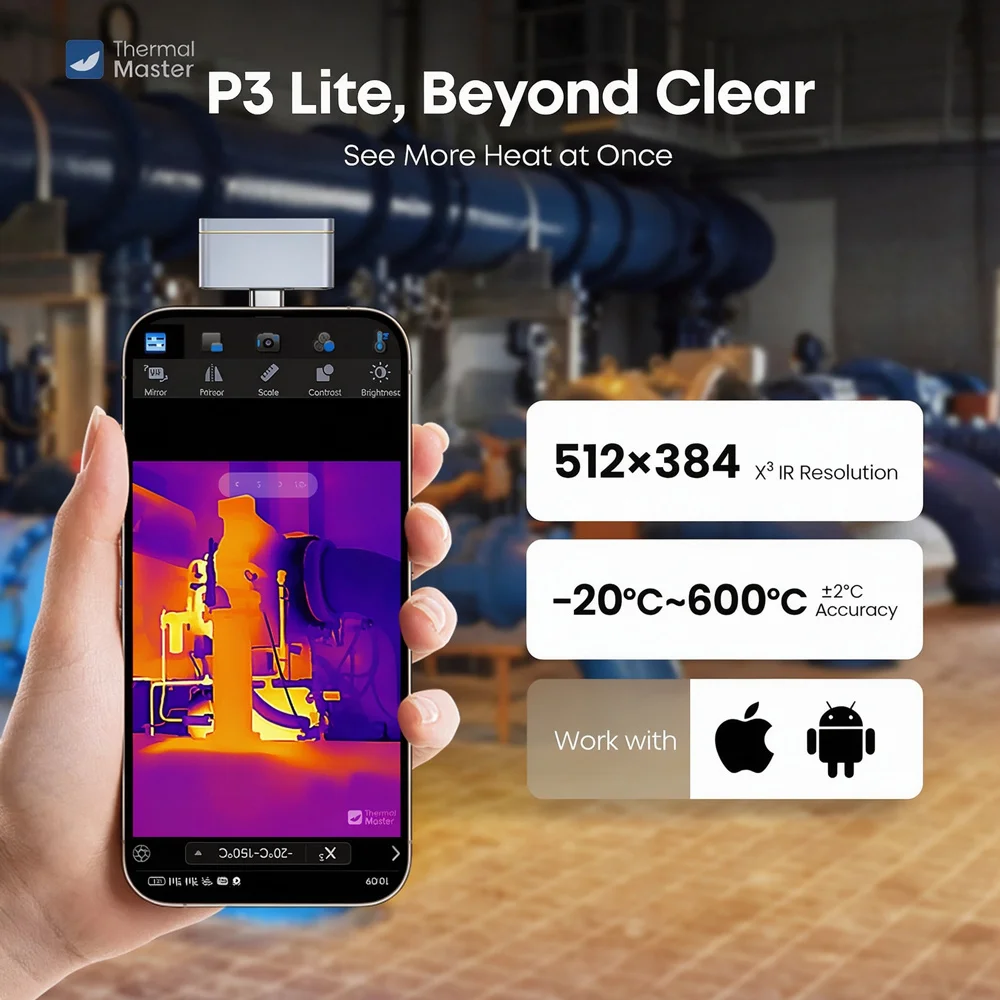 512*384 Ultra Clear P3 Lite Thermal Camera for iPhone Android Phone  Infrared Camera -20 to 600℃ for Leak Detect 15x Zoom