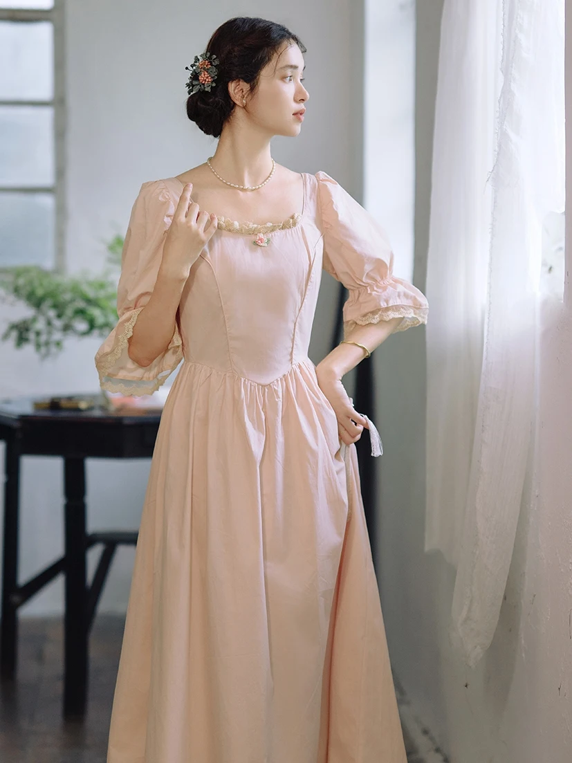 

84-96cm Bust Spring Summer Maxi Dresses For Women Victorian Vintage Elegant Slim Waist Comfortable 100%Cotton Pink Dresses