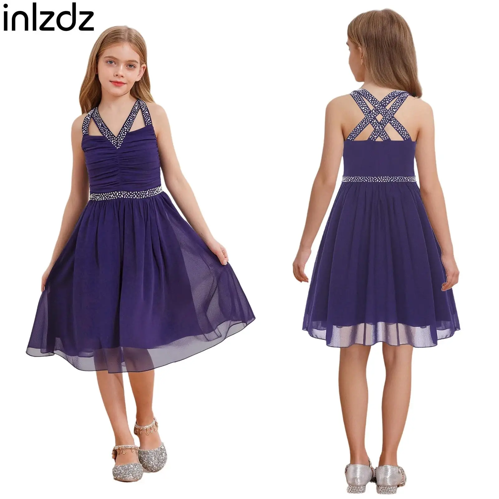 

Kids Girls Crossed Spaghetti Strap Sleeveless Faux Diamond Decor A-line Ruched Flower Dress for Banquet Wedding Party Graduation