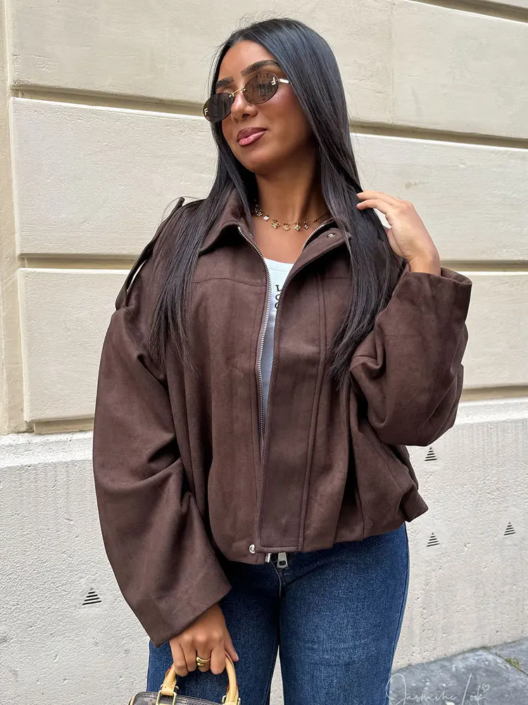 HH الخريف المرأة فضفاضة عادية كبيرة الحجم سترة خمر الصلبة سحاب أكمام طويلة معطف من جلد الغزال موضة جديدة الإناث Y2K الشارع الشهير