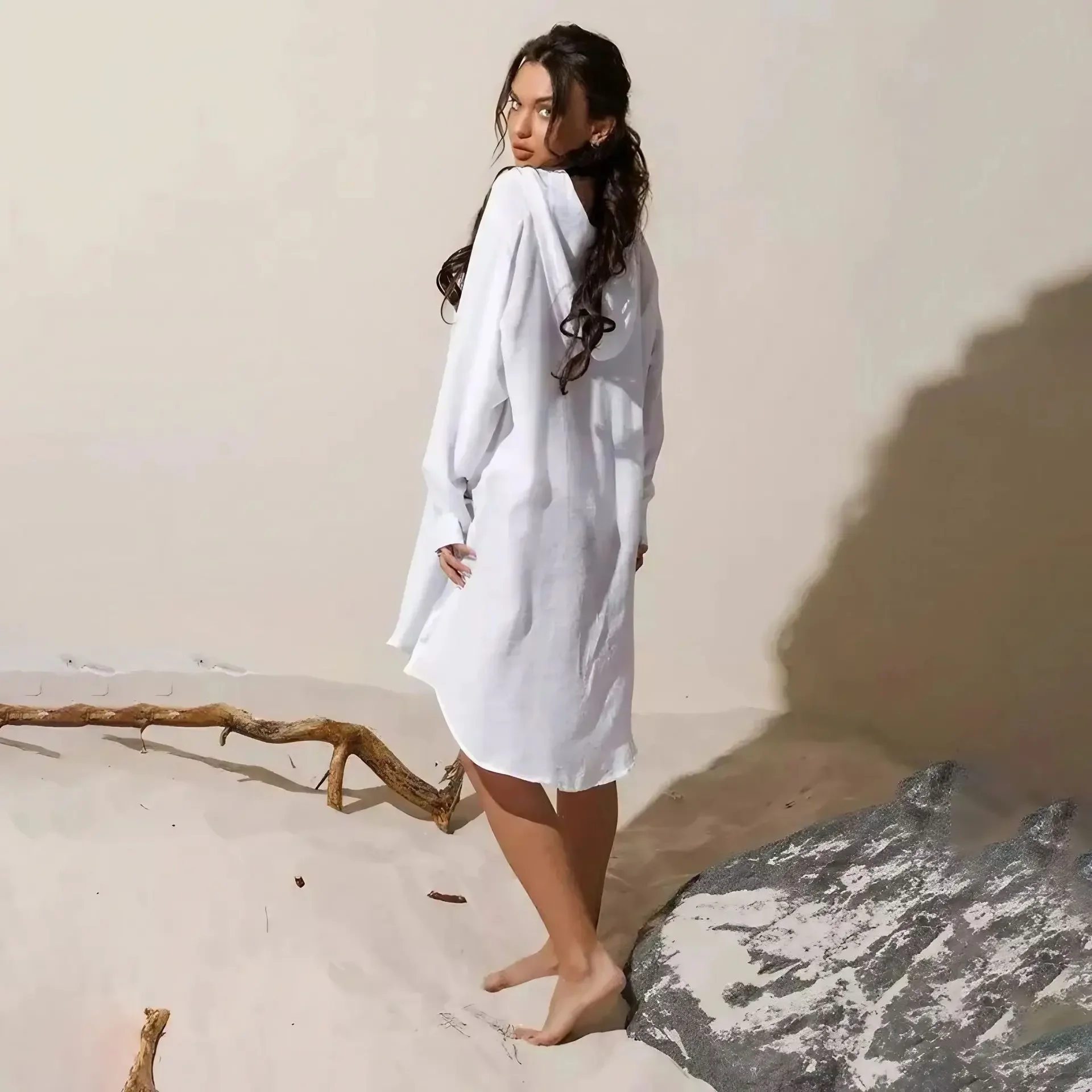 Robe tunique boutonnée à manches longues pour femmes, Cover-up de plage, chemisier surdimensionné, haut, Bikini, maillot de bain