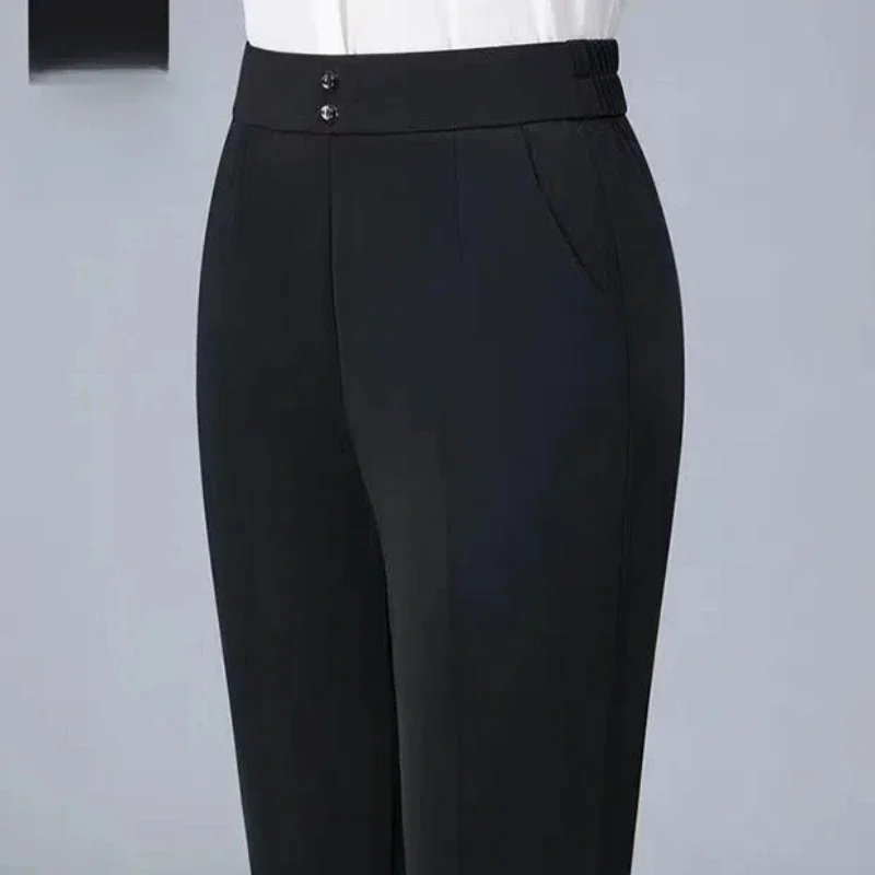 Spring Autumn Women's Solid Color Button Elastic High Waist Pockets Casual Trousers Straight Trouser Suits Comfortable Pants