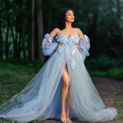 Blue Prom Dress Illusion Sweetheart Off Shoulder Front Slit Pregnancy Photography Detachable Sleeves  Maternity Dress For Photo