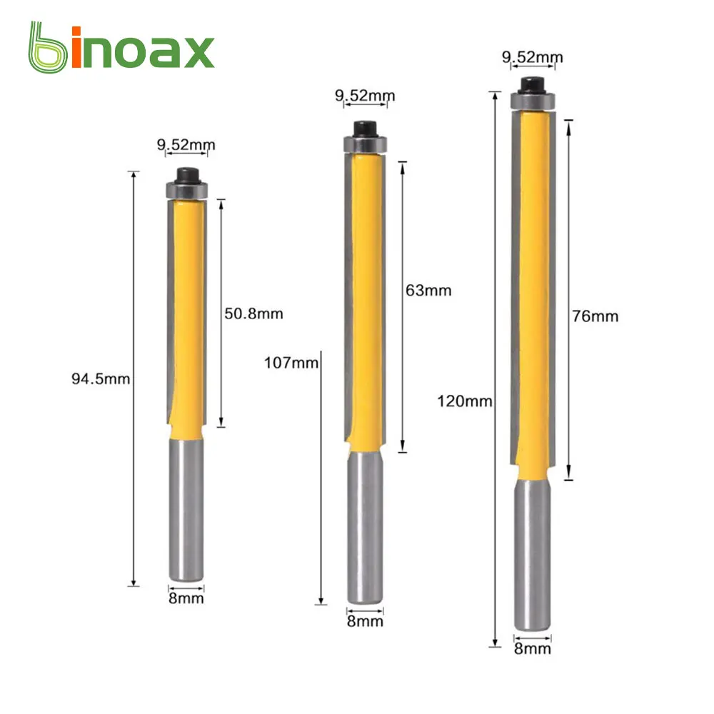 Binoax 3Pcs Flush Trim Router Bit Set with Bearing 8mm Shank Template Pattern Bit Tungsten Carbide Milling Cutter for Wood