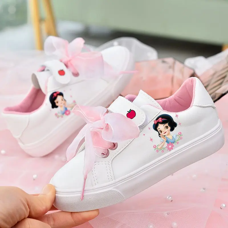 Disney Girls\' Casual Shoes Children\'s Sports Shoes Soft Soled Casual Snow White Shoes Flats PU Leather White Sneakers Size 23-36