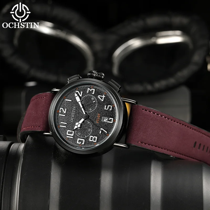 OCHSTIN Pilot Chronograph Watch For Men Genuine Leather Strap Hardened Mineral Glass Waterproof Gentleman Fashion Quartz Clock