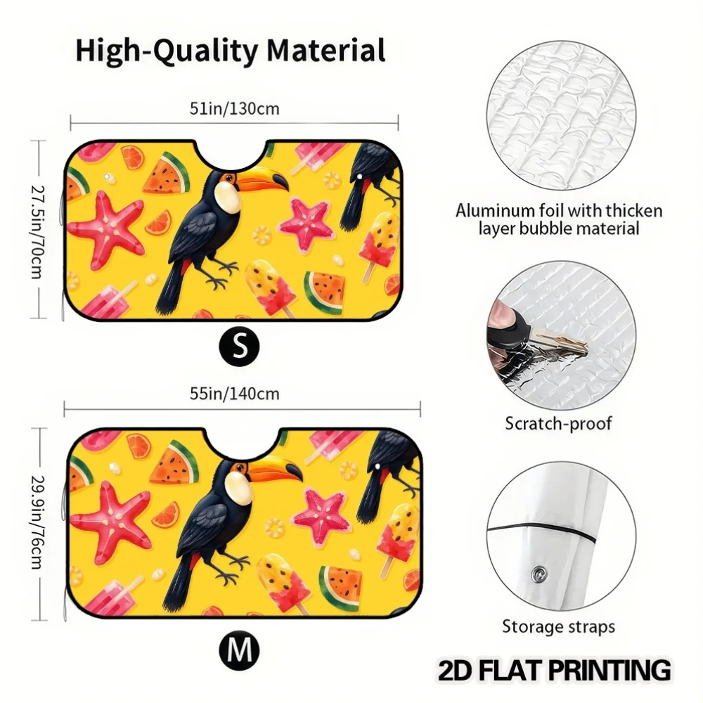 2D Flat Printing, 1pc Summer Tropical Fun Scene Print Polyester Car Front Windshield Shade, Universal Fit And Easy to Store