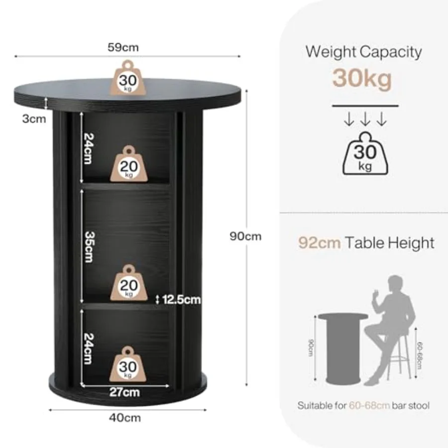 Round bar table for small spaces, kitchen, parties; rustic wood finish; 35.4 high-top bistro pub table with 3-tier hidden stora