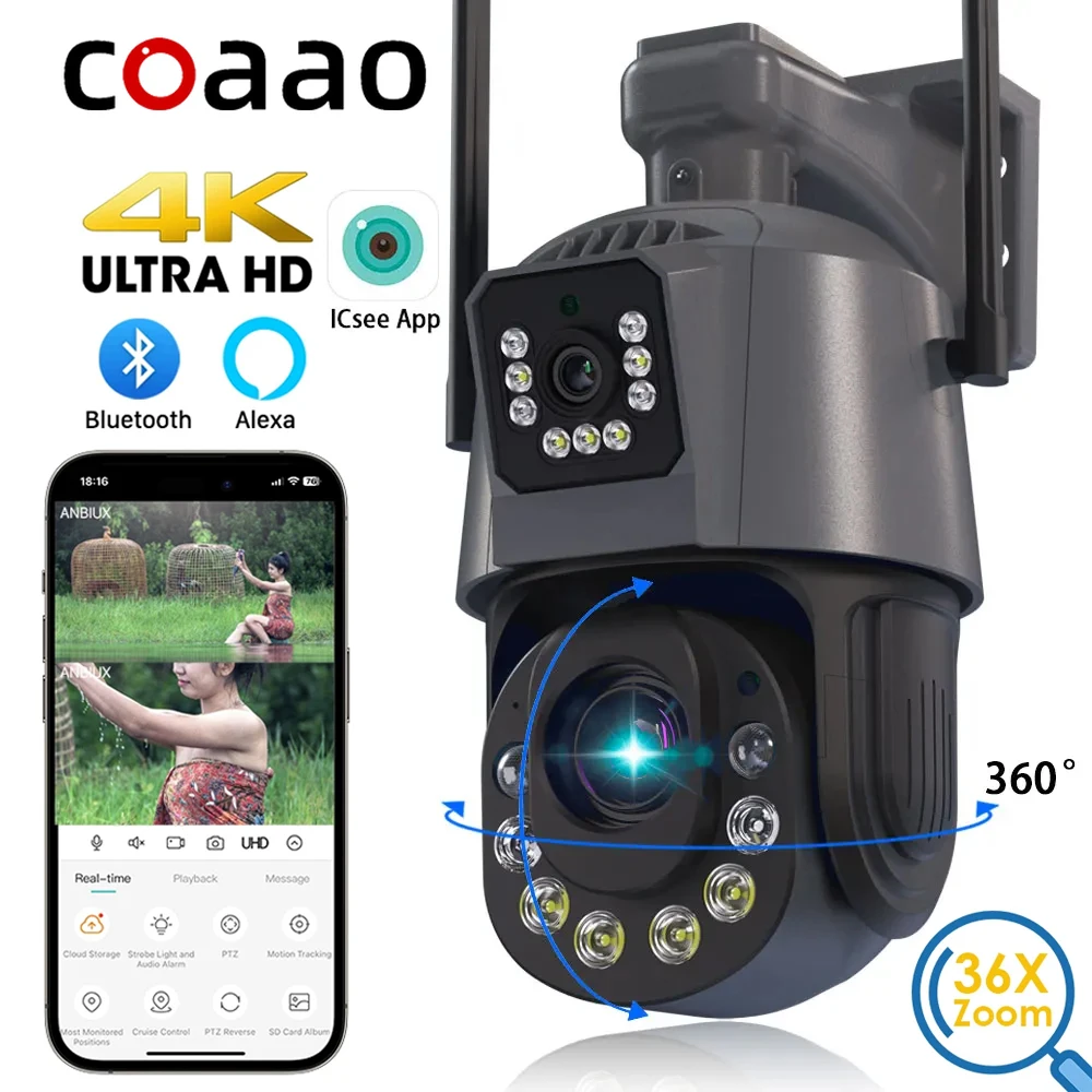 

Outdoor Surveillance WiFi Camera 4K 8MP Dual Lens 36X Optical Zoom PTZ Human Detectio ICSEE Onvif 360 CCTV Alexa