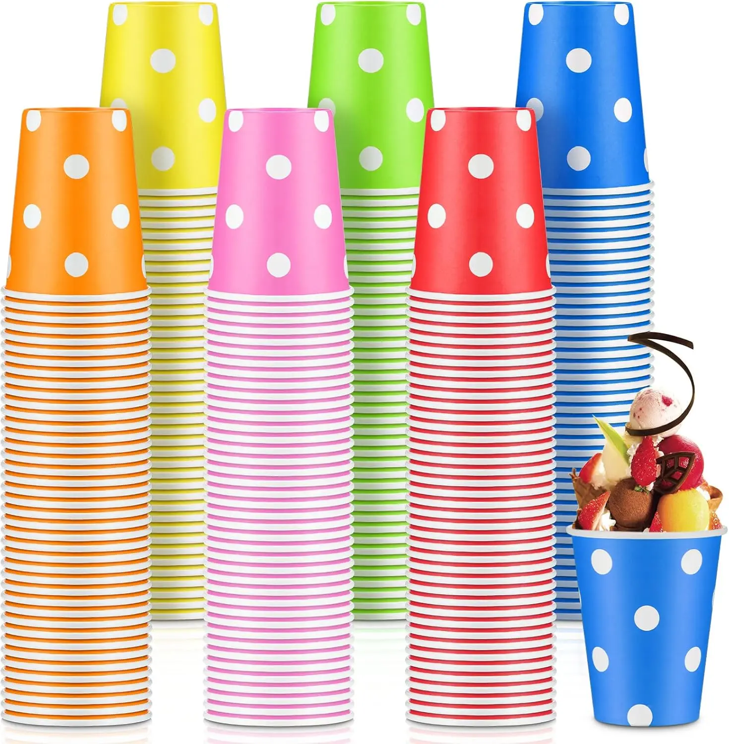 

240 Packs 9oz Paper Cups, Multicolor Paper Disposable Coffee Cups Hot or Cold Beverage Drinking Dots Cups for Chocolate