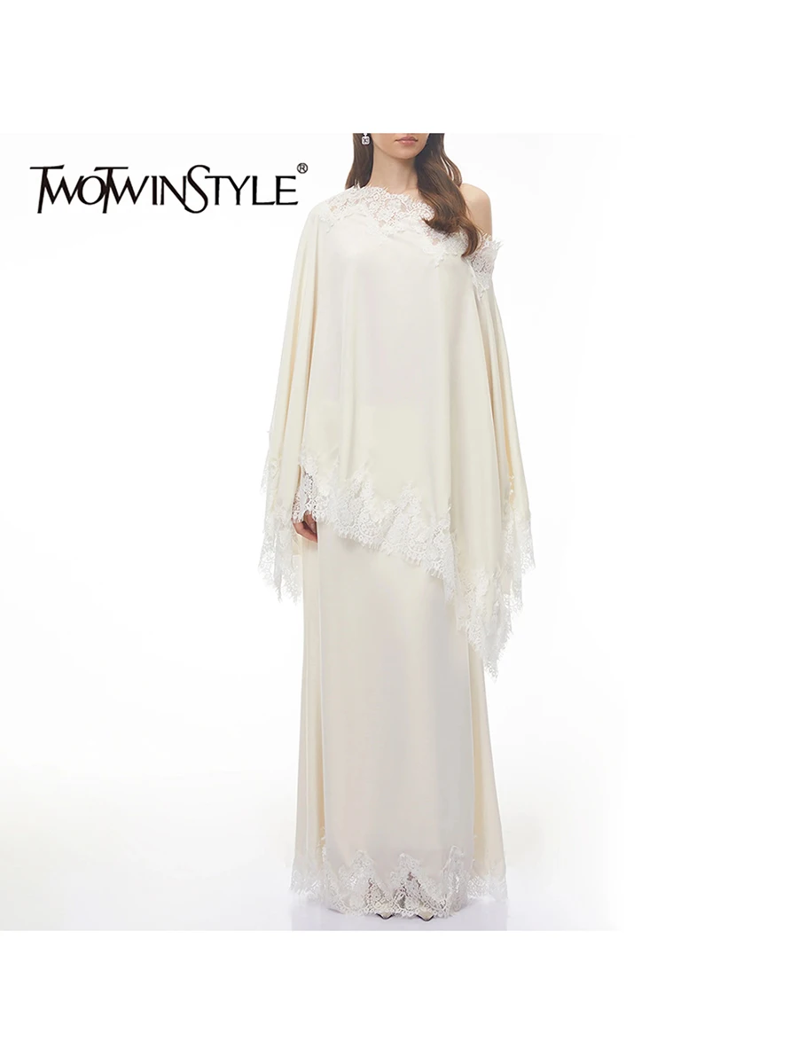

TWOTWINSTYLE Patchwork Lace Two Piece Sets for Women Diagonal Collar Long Sleeve Top High Waist Straight Skirt Loose Set Female