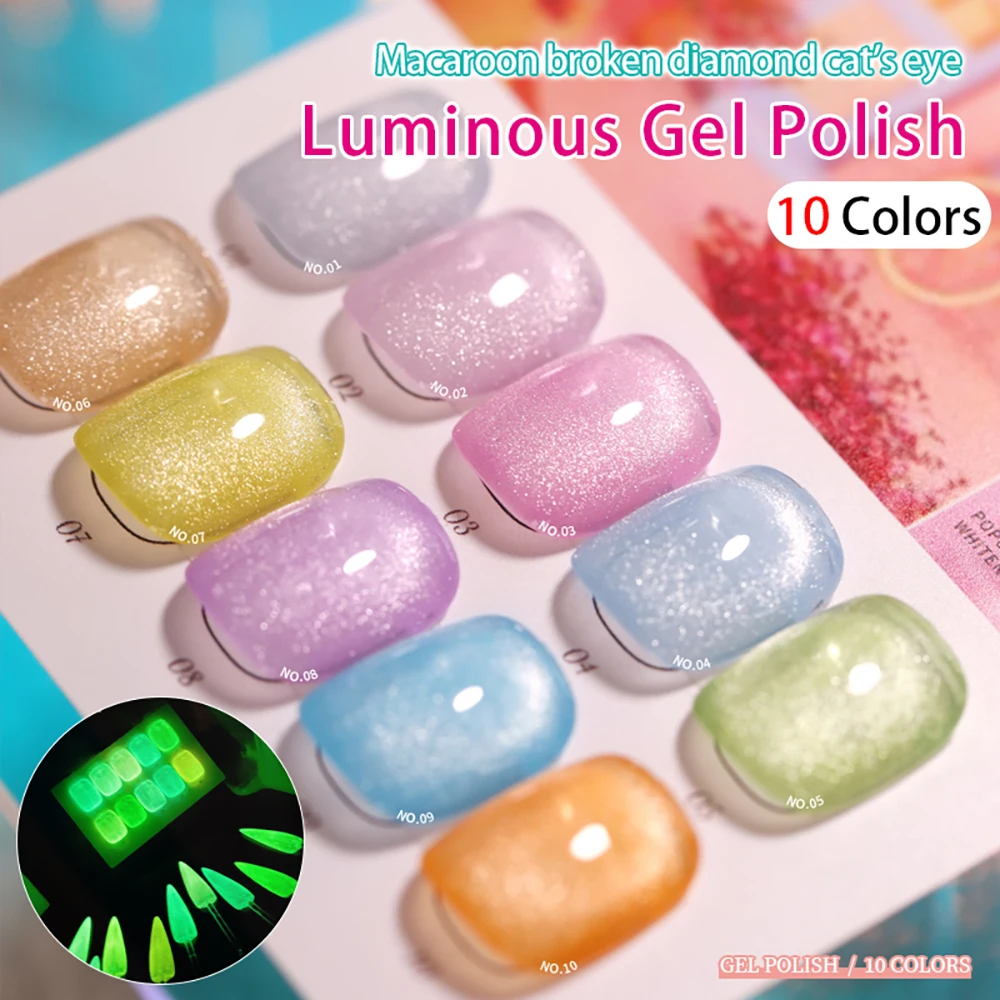 Vendeeni 10 Colors Luminous Broken Diamond Cat Eye Gel Nail Polish Glitter Macaron UV Soak Off Gel Lacquer Magnetic Gel Varnish