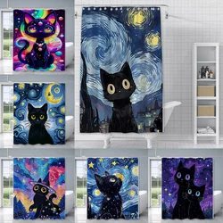 Shower Starry Sky Cat Curtain Waterproof Polyester Fabric Paint Colorful Bath Curtains Home Bathroom Decor Curtain With Hook