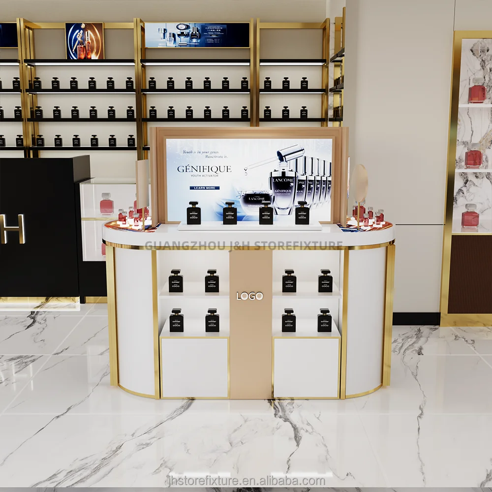 ออกแบบตกแต่งตู้โชว์น้ำหอมแบบคีออสก์ ตู้เคาน์เตอร์ไม้แบบกำหนดเอง ชั้นวางน้ำหอม