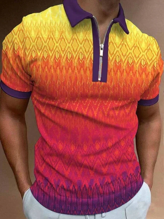 Men’s Orange and Green Pattern Collar Regular Fit Casual Paisley Shirt Zip Up Polo Shirt Casual Polo Shirt