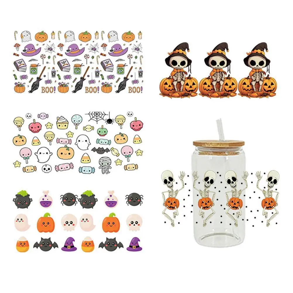 Halloween UV DTF Transfers Stickers For 16 Oz Glass Cup Mug Waterproof Halloween Pumpkin Skeleton Ghost UV DTF Cup Wraps Decals