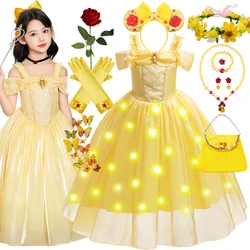 Disney Belle Princess Dress Girls for Beauty and Beast Cosplay Costume Kids Party Clothing Magic Stick Crown Children Clothing