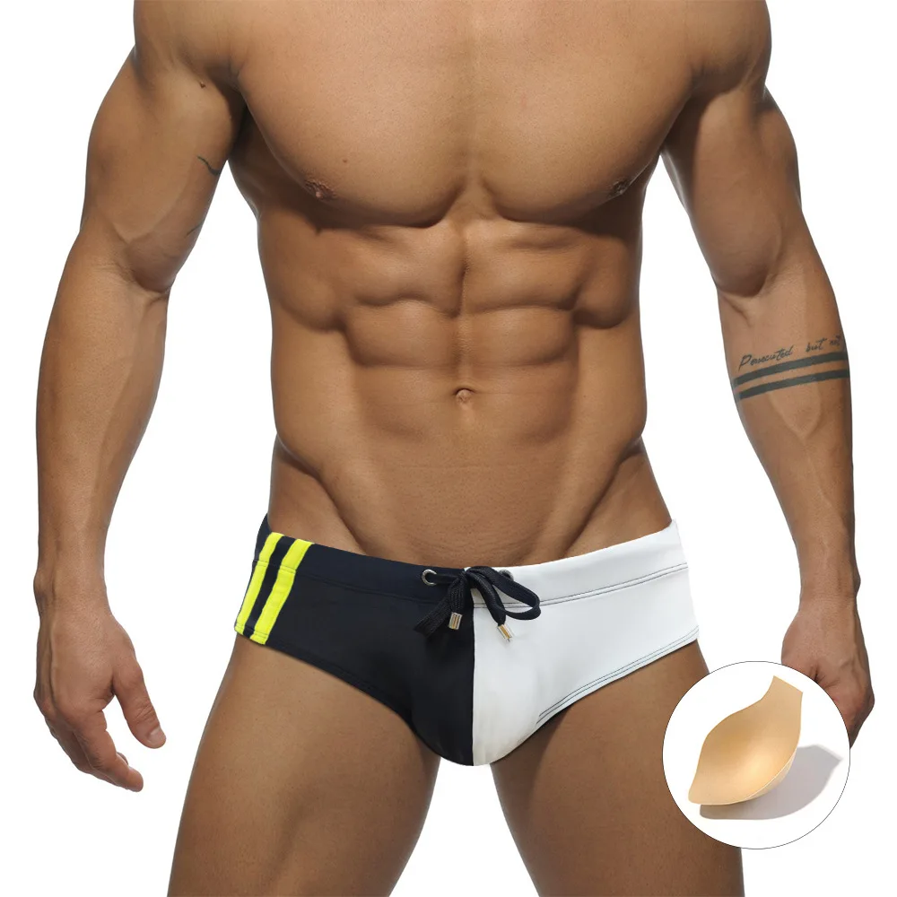 Sexy Mens Swimwear Summer Beach Pouch Pad Swimming Trunks Low Waist Bikini Briefs Male Polyester Quick Dry Sport Surf Swimsuit