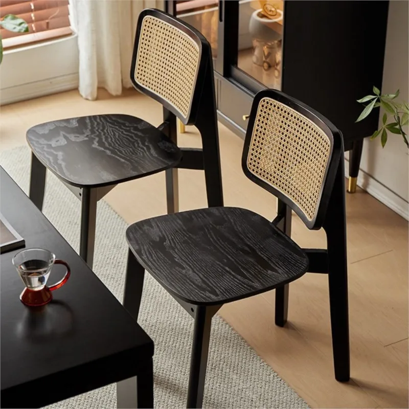 The Dining Chair Woven From Antique Rattan Material In A High-end Black Casual Style Is Suitable For Home Solid Wood Backchairs