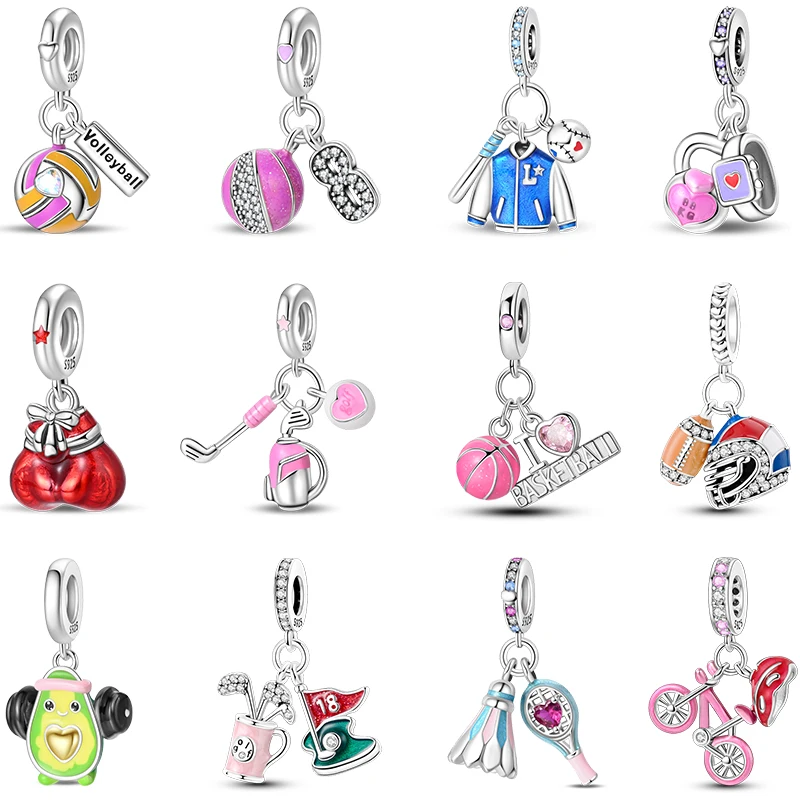 

S925 Стерлингового Серебра Волейбол Бейсбол Бадминтон Гольф Спорт 3 мм Подвески Бусины Подвески День Рождения Изысканные DIY Ювелирные Изделия Подарки