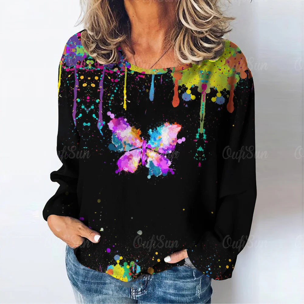 2024 new fashion graffiti butterfly print color splash pine cypress long sleeve T-shirt autumn fashion women's T-shirt