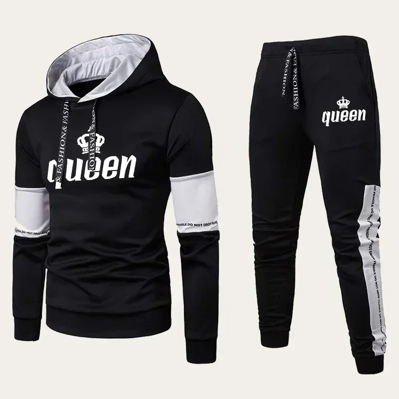 Couple Hooded Tracksuit King or Queen Print Lovers Hoodies Set Sweatshirt +Jogging Sweapants Suits 2024 Couple Matching Clothing